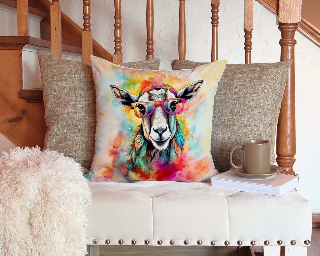 Hippie Animal Goat Decorative Throw Pillow 14x14 Indoor Outdoor Accent Cushion, Fabric Cover with Insert for Sofa, Bed, Porch & Living Room
