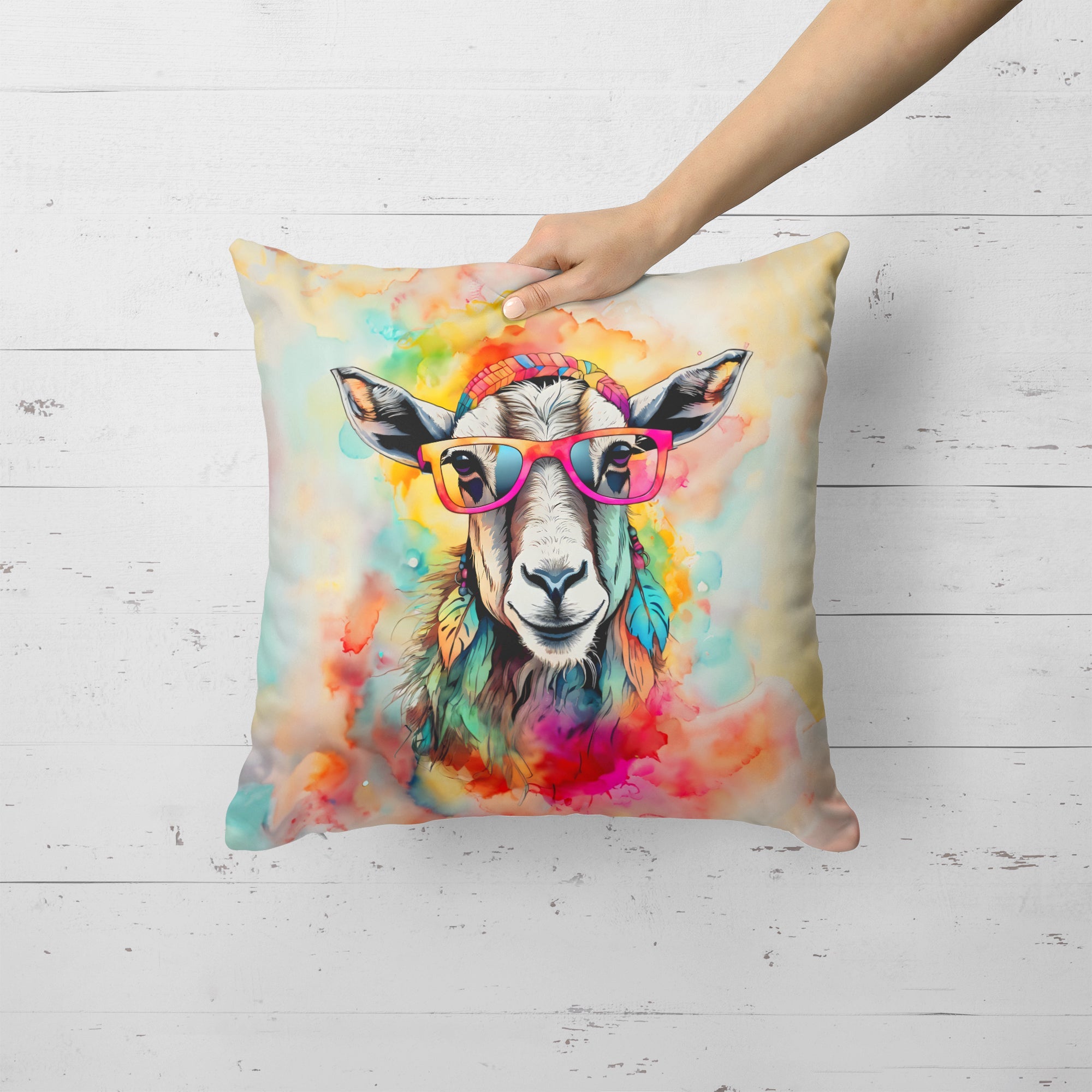 Hippie Animal Goat Decorative Throw Pillow 18x18 Indoor Outdoor Accent Cushion, Fabric Cover with Insert for Sofa, Bed, Porch & Living Room