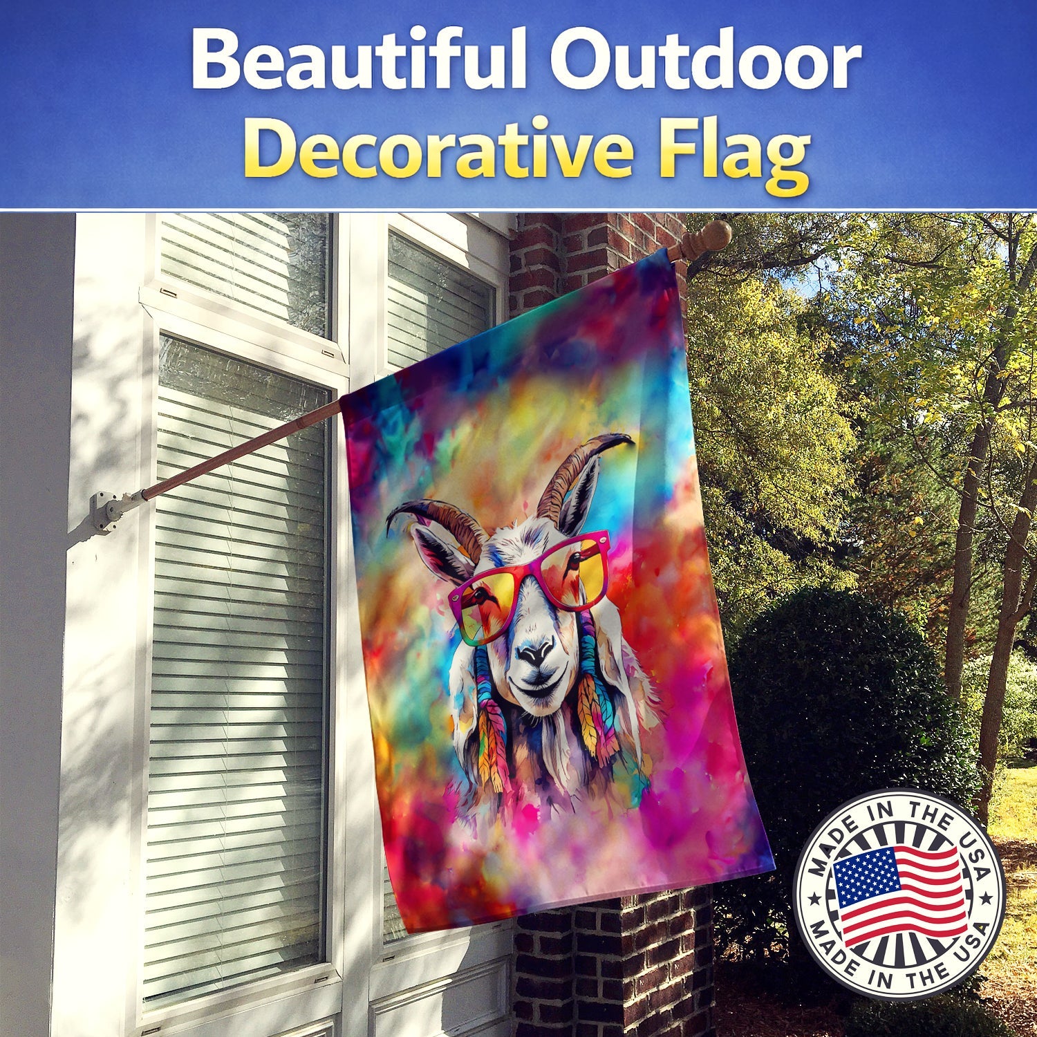 Hippie Animal Goat House Flag 28x40 Porch Sleeve Pole Decorative Outside Yard Banner Artwork Wall Hanging, Polyester
