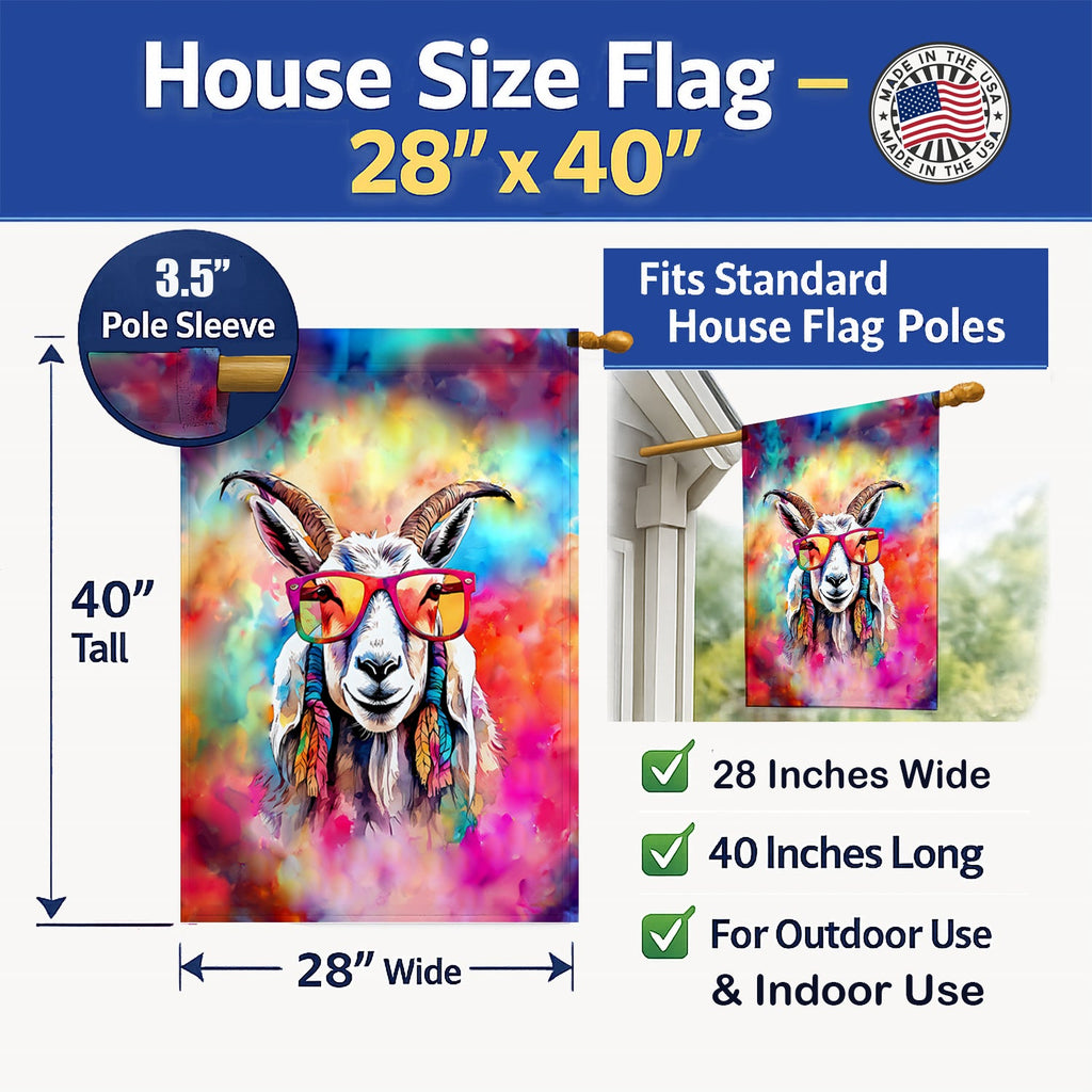 Hippie Animal Goat House Flag 28x40 Porch Sleeve Pole Decorative Outside Yard Banner Artwork Wall Hanging, Polyester