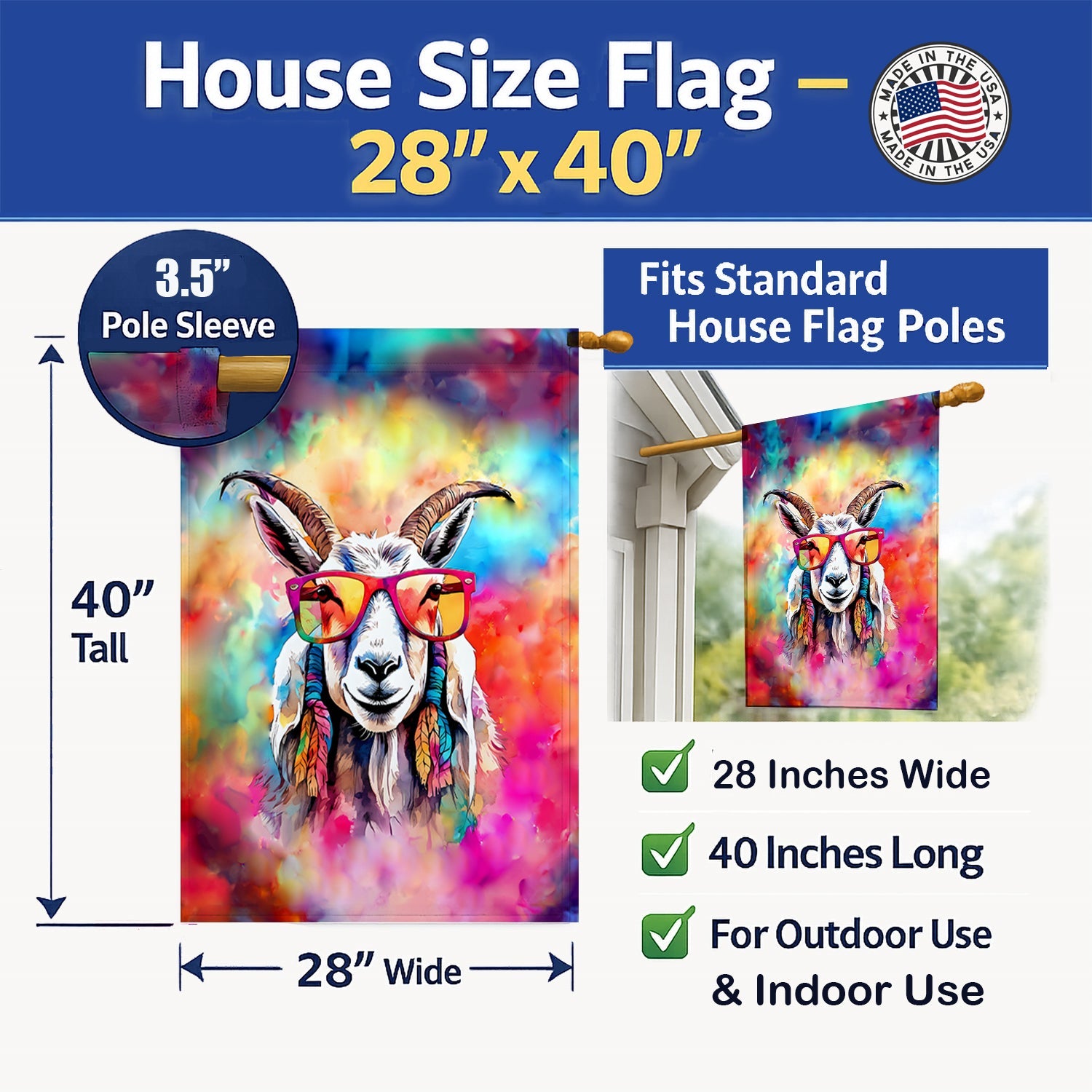 Hippie Animal Goat House Flag 28x40 Porch Sleeve Pole Decorative Outside Yard Banner Artwork Wall Hanging, Polyester