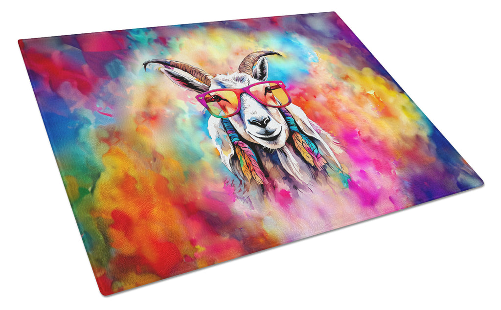 Hippie Animal Goat Cutting Board Tempered Glass Kitchen Cutting Surface, Heat Resistant Chopping, Non-Slip Feet, Food Prep & Serving