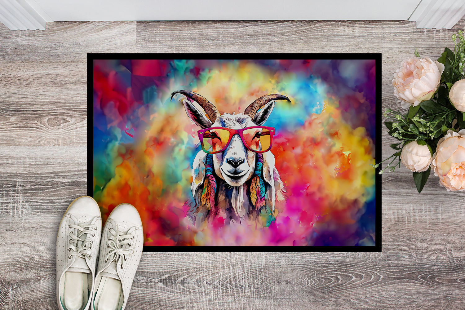 Hippie Animal Goat Doormat Indoor Outdoor 18H X 27W Front Door Mat Rugs for Entryway, Non Slip Washable