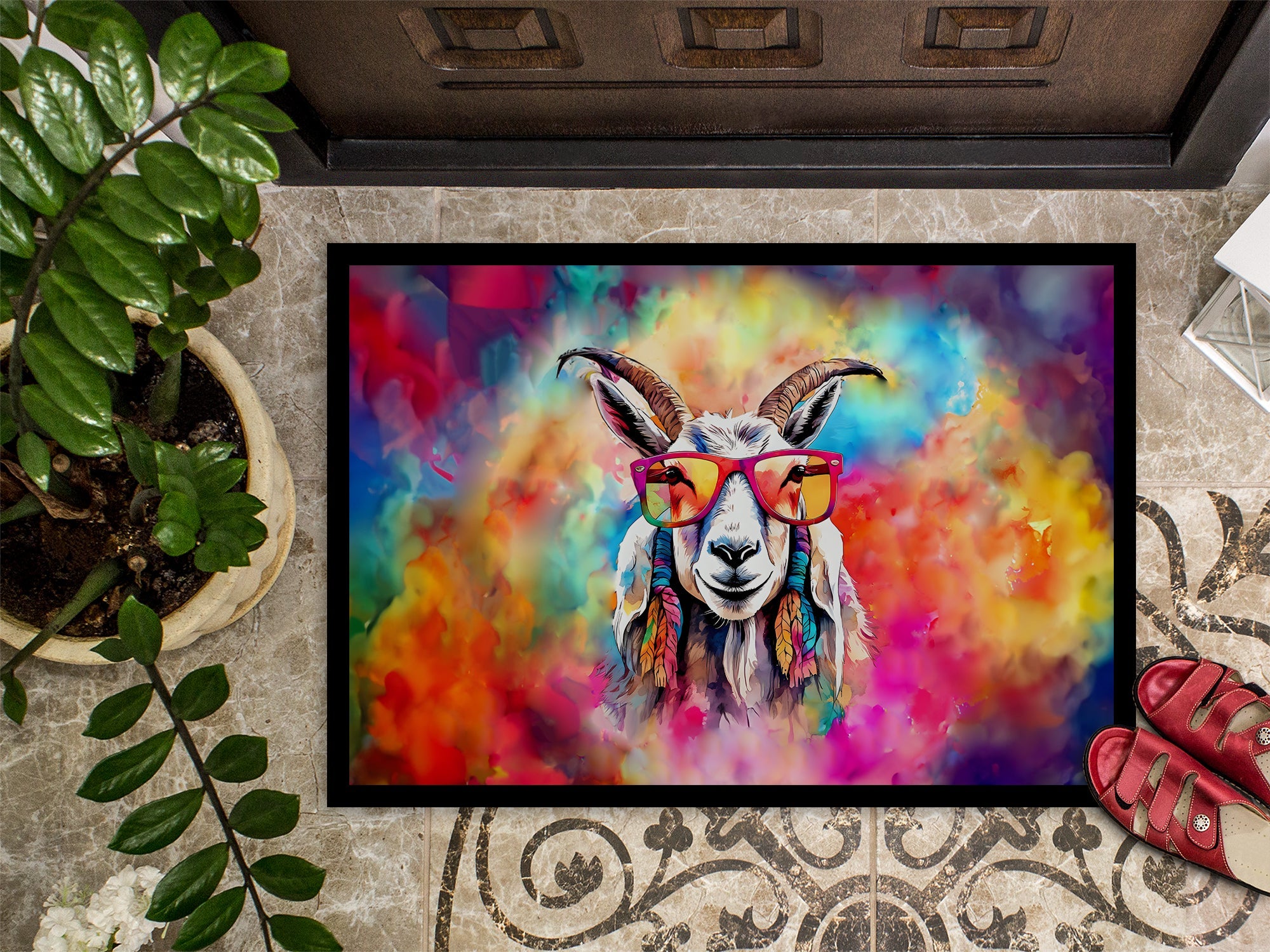 Hippie Animal Goat Doormat Indoor Outdoor 18H X 27W Front Door Mat Rugs for Entryway, Non Slip Washable