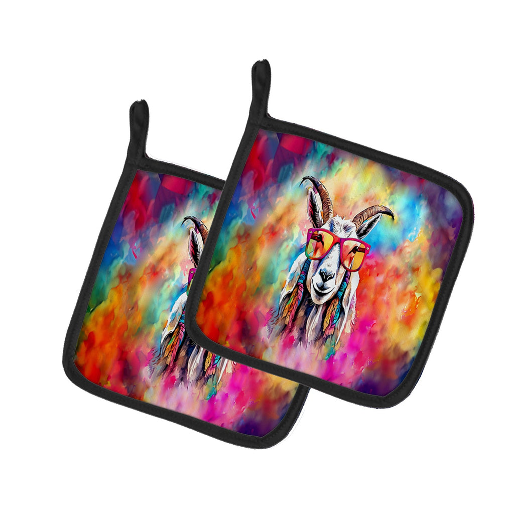 Hippie Animal Goat Pot Holder Set of 2 Heat Resistant Quilted Hot Pads 7.5 x 7.5 Inch, Insulated Kitchen Trivets for Cooking & Baking
