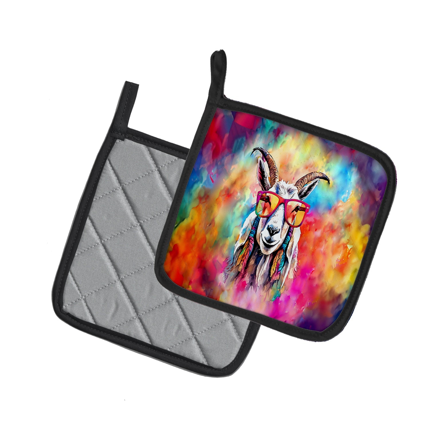 Hippie Animal Goat Pot Holder Set of 2 Heat Resistant Quilted Hot Pads 7.5 x 7.5 Inch, Insulated Kitchen Trivets for Cooking & Baking