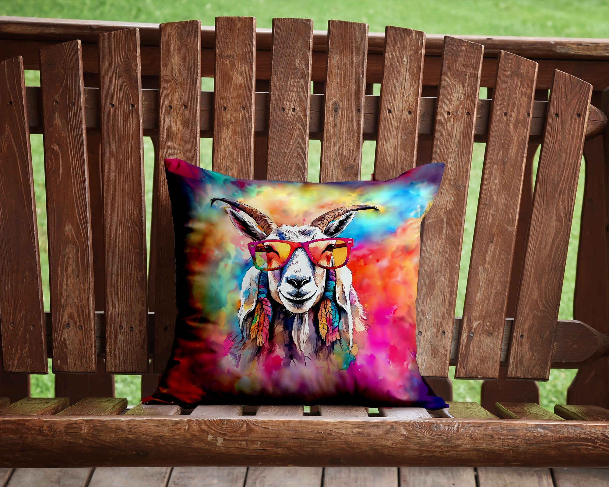 Hippie Animal Goat Decorative Throw Pillow 14x14 Indoor Outdoor Accent Cushion, Fabric Cover with Insert for Sofa, Bed, Porch & Living Room