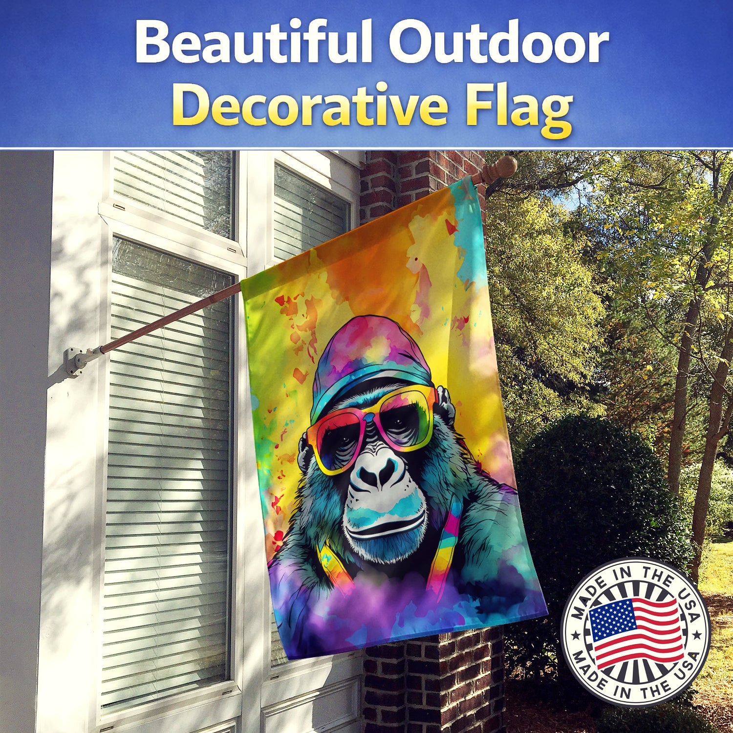 Hippie Animal Gorilla House Flag 28x40 Porch Sleeve Pole Decorative Outside Yard Banner Artwork Wall Hanging, Polyester