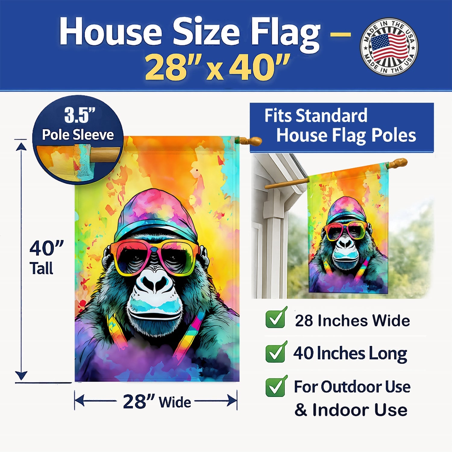 Hippie Animal Gorilla House Flag 28x40 Porch Sleeve Pole Decorative Outside Yard Banner Artwork Wall Hanging, Polyester
