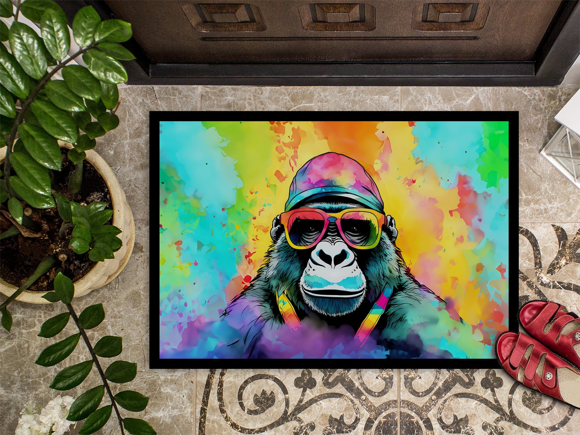 Hippie Animal Gorilla Doormat Indoor Outdoor 24H X 36W Front Door Mat Rugs for Entryway, Non Slip Washable Low Pile,