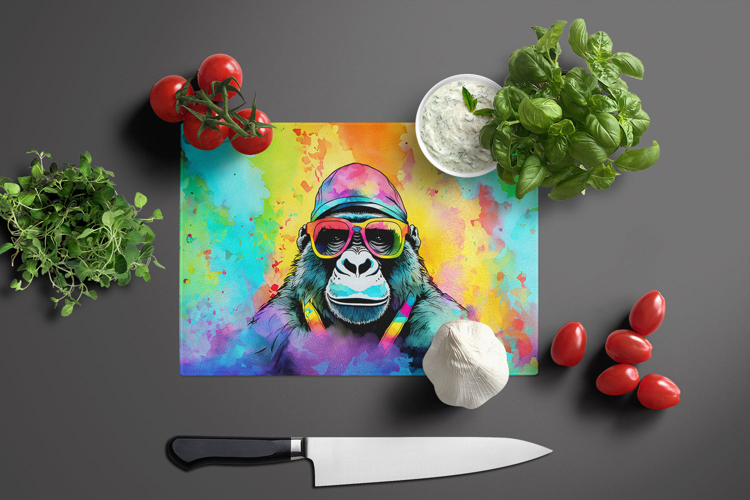 Hippie Animal Gorilla Cutting Board Tempered Glass Kitchen Cutting Surface, Heat Resistant Chopping, Non-Slip Feet, Food Prep & Serving