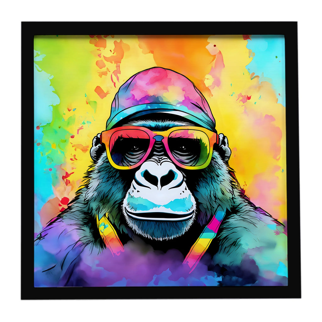 Hippie Animal Gorilla Framed Metal Print Bathroom, Kitchen, Office, Home Decor Wall Art Ready to Hang, Square, 8X8