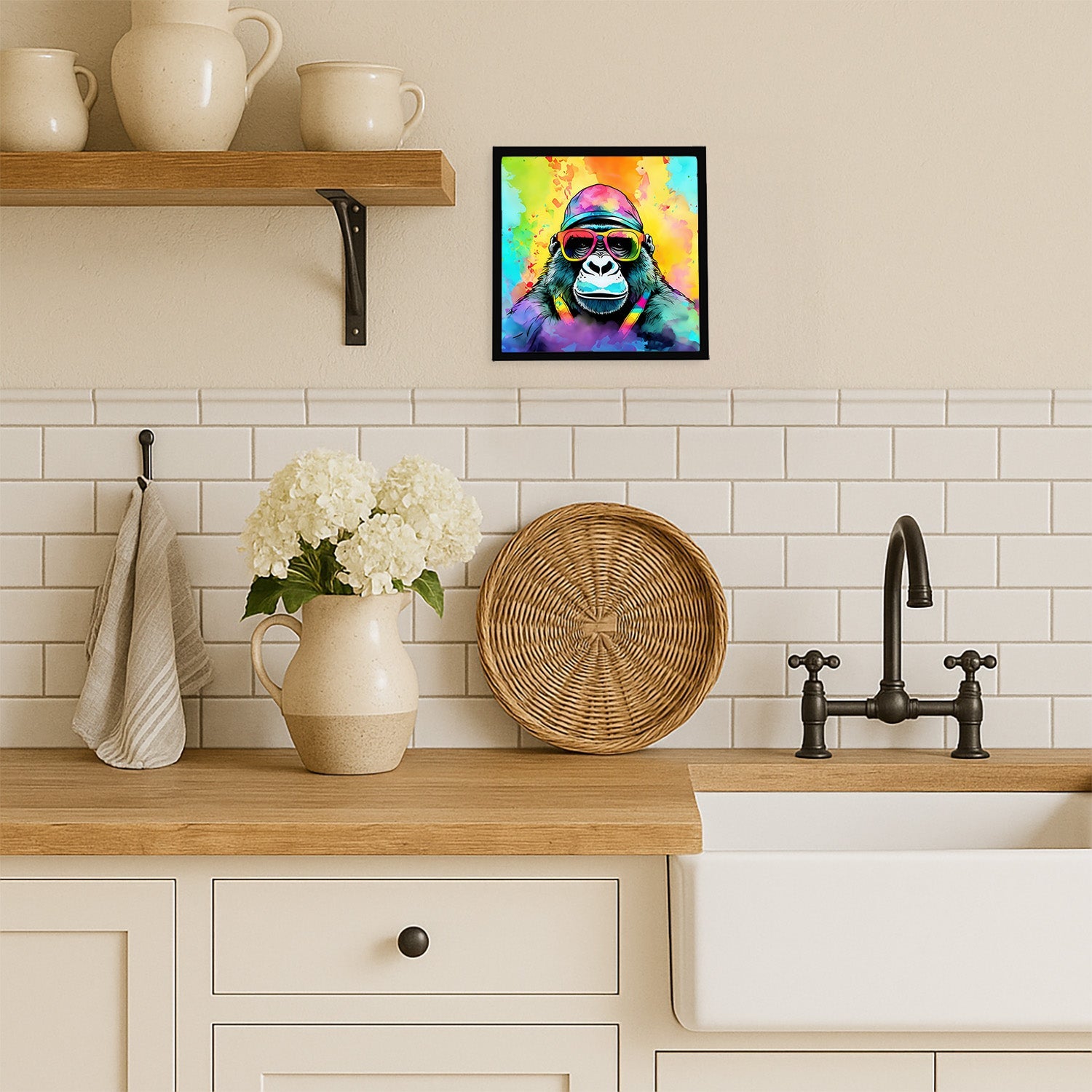 Hippie Animal Gorilla Framed Metal Print Bathroom, Kitchen, Office, Home Decor Wall Art Ready to Hang, Square, 8X8