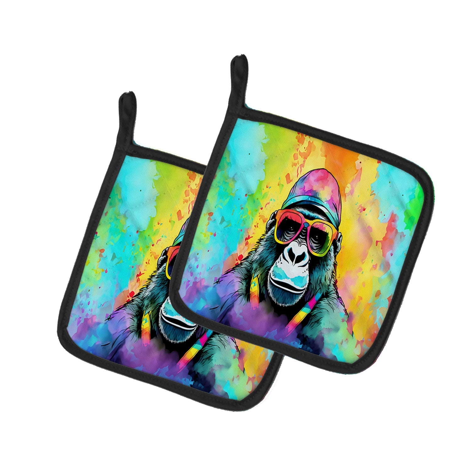 Hippie Animal Gorilla Pot Holder Set of 2 Heat Resistant Quilted Hot Pads 7.5 x 7.5 Inch, Insulated Kitchen Trivets for Cooking & Baking
