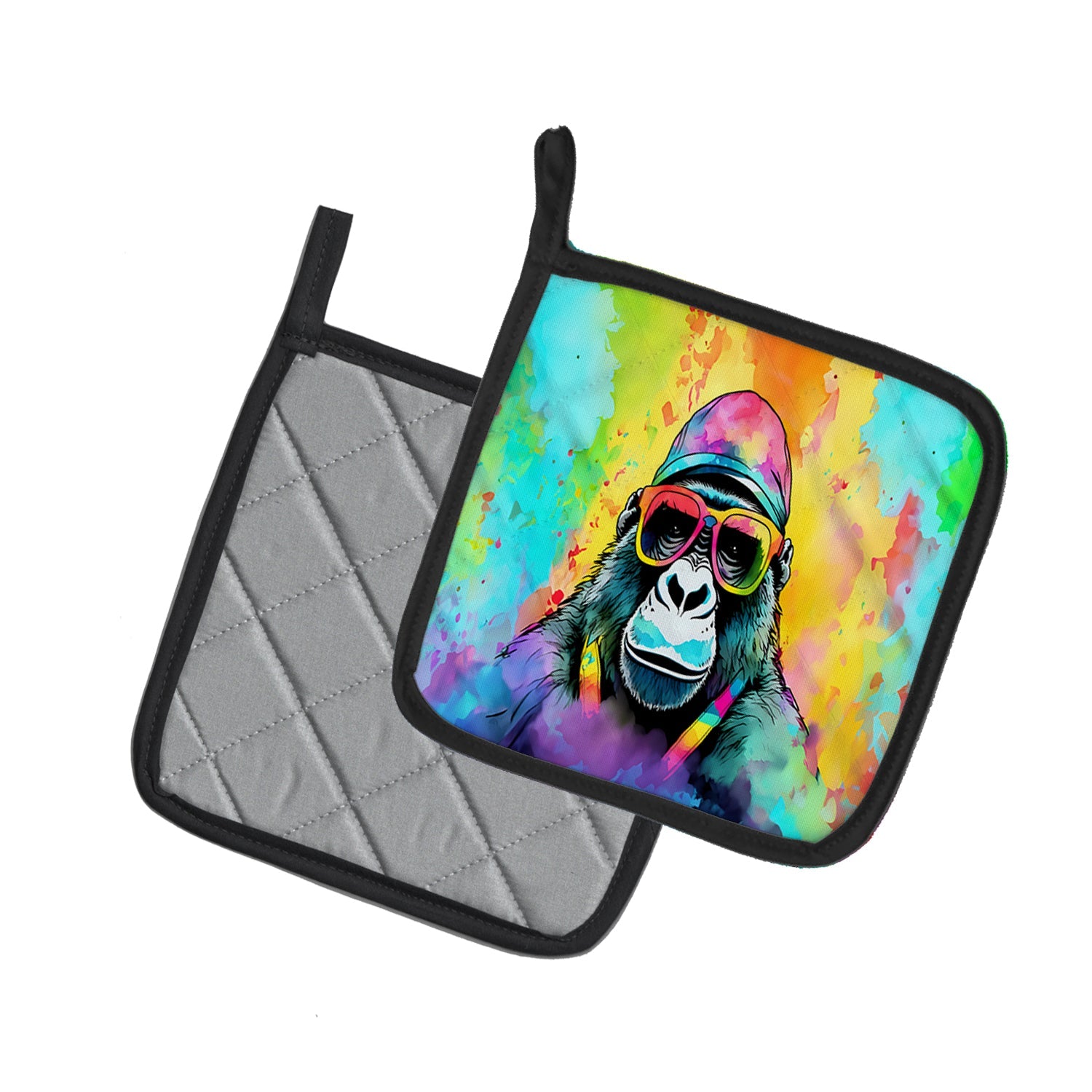 Hippie Animal Gorilla Pot Holder Set of 2 Heat Resistant Quilted Hot Pads 7.5 x 7.5 Inch, Insulated Kitchen Trivets for Cooking & Baking