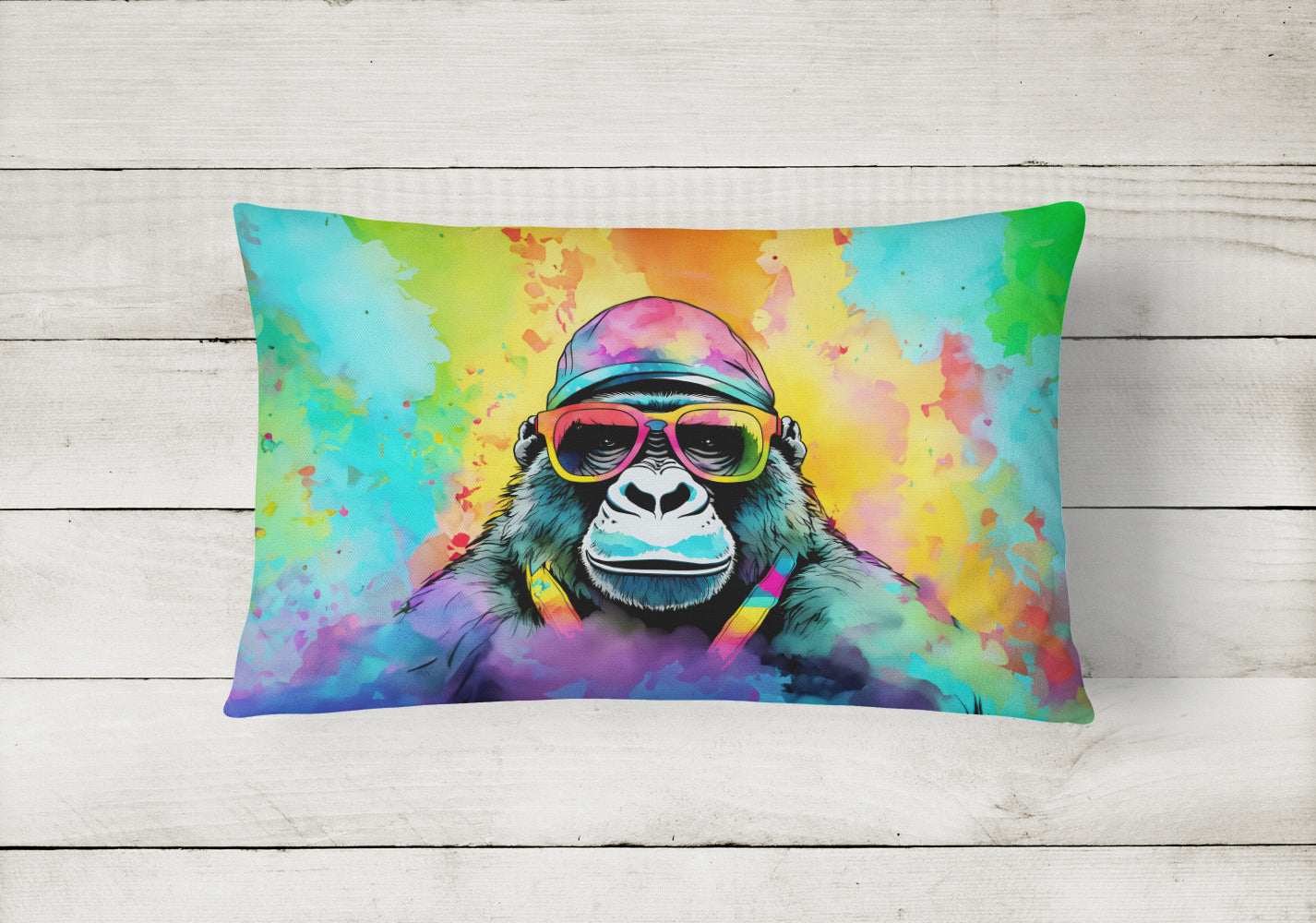 Hippie Animal Gorilla Decorative Throw Pillow 12x16 Indoor Outdoor Accent Cushion, Fabric Cover with Insert for Sofa, Bed, Porch & Living Room