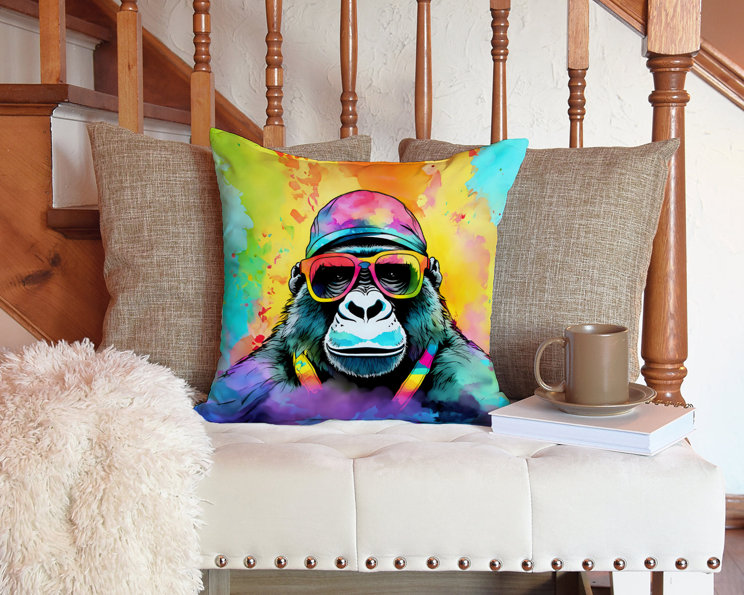 Hippie Animal Gorilla Decorative Throw Pillow 14x14 Indoor Outdoor Accent Cushion, Fabric Cover with Insert for Sofa, Bed, Porch & Living Room