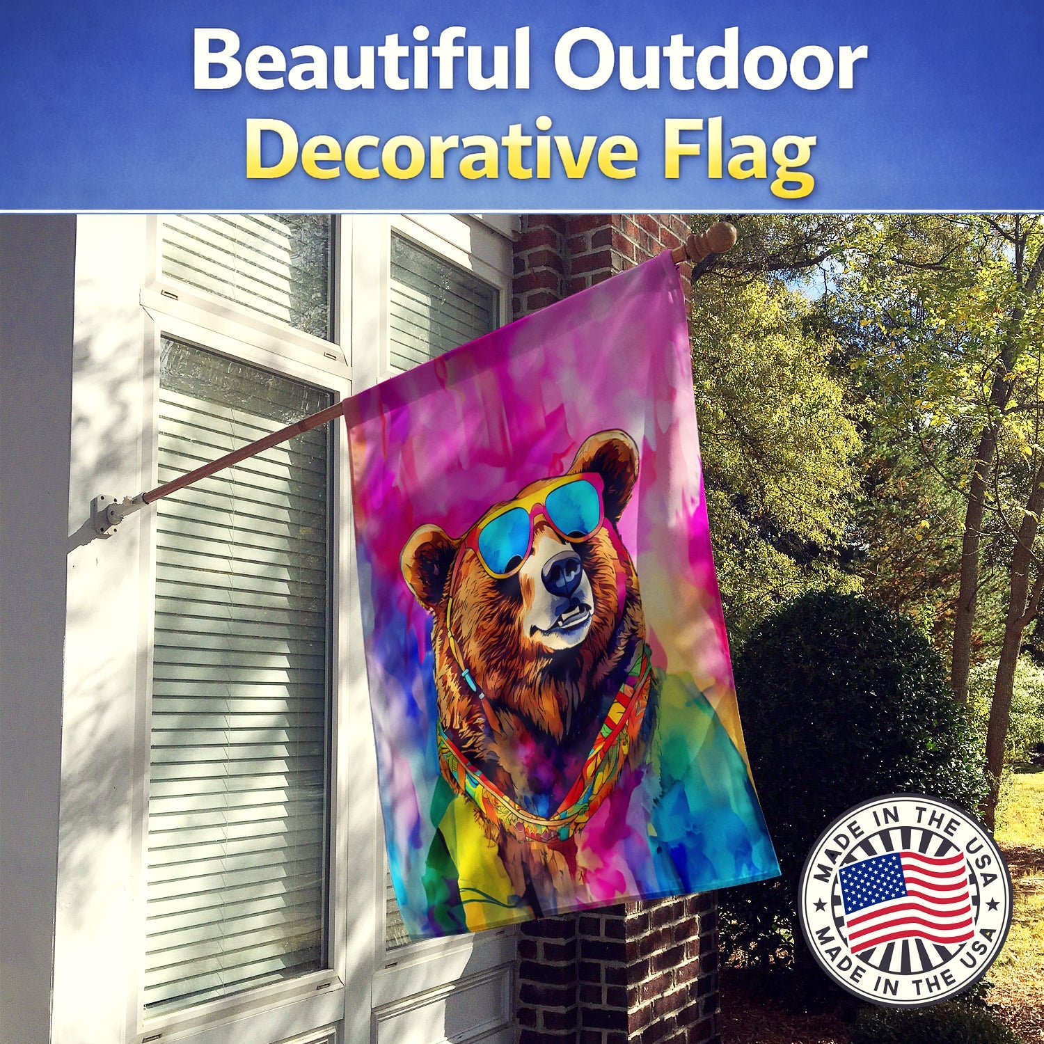 Hippie Animal Grizzly Bear House Flag 28x40 Porch Sleeve Pole Decorative Outside Yard Banner Artwork Wall Hanging, Polyester