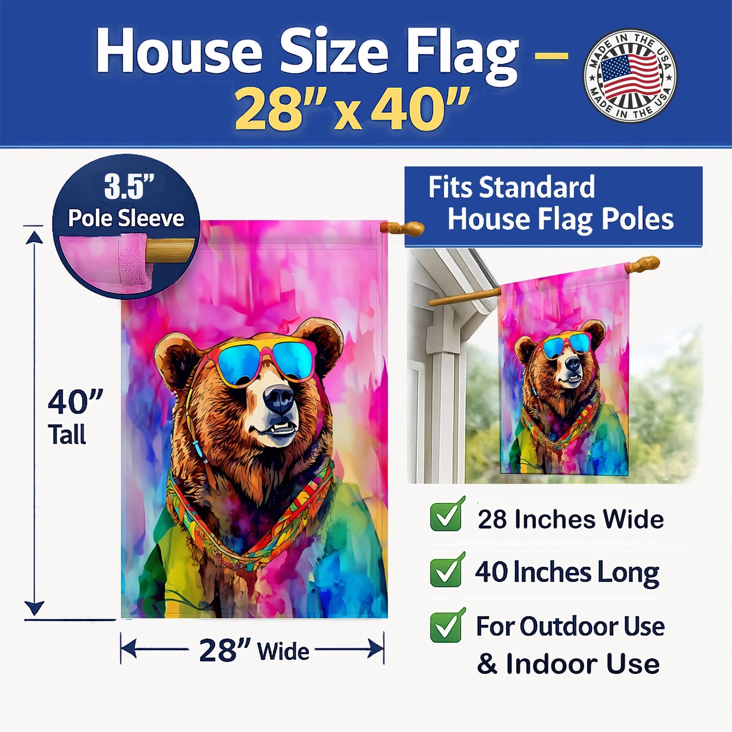 Hippie Animal Grizzly Bear House Flag 28x40 Porch Sleeve Pole Decorative Outside Yard Banner Artwork Wall Hanging, Polyester
