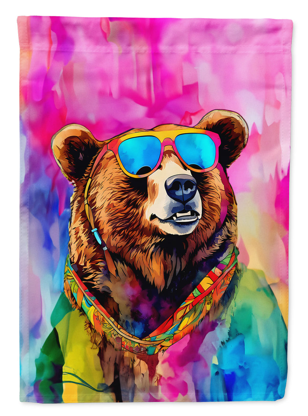 Hippie Animal Grizzly Bear House Flag 28x40 Porch Sleeve Pole Decorative Outside Yard Banner Artwork Wall Hanging, Polyester