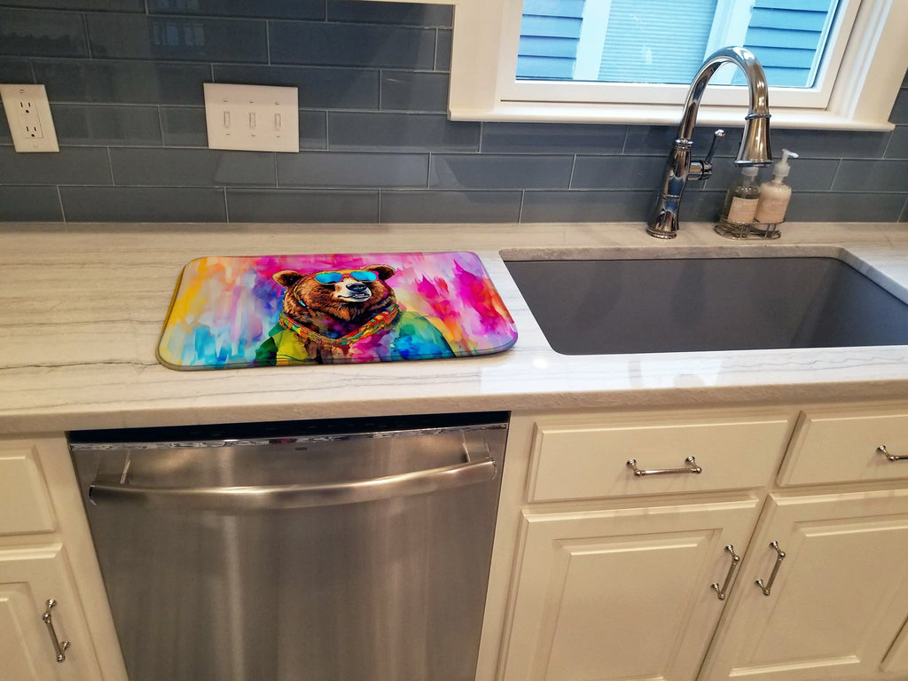 Hippie Animal Grizzly Bear Dish Drying Mat Absorbent Dish Drying Mat Pad for Kitchen Counter Dish Drainer Mat for Countertop, 14 x 21", Multicolor