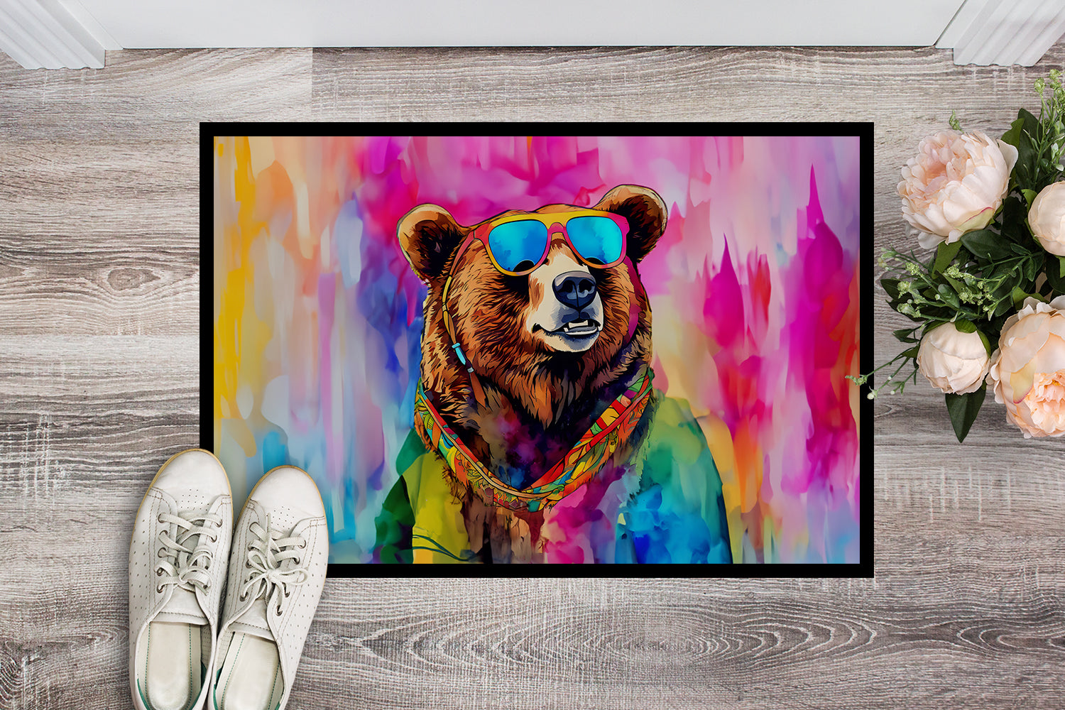 Hippie Animal Grizzly Bear Doormat Indoor Outdoor 24H X 36W Front Door Mat Rugs for Entryway, Non Slip Washable Low Pile,