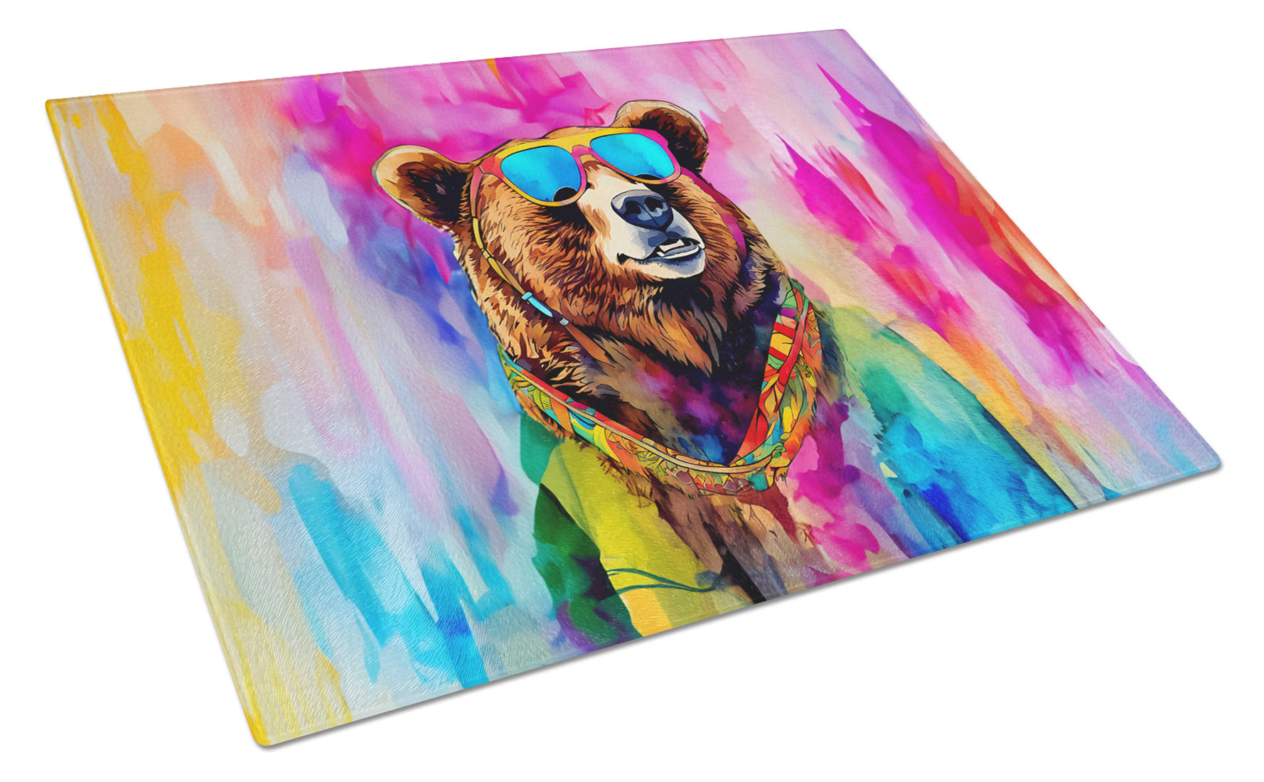 Hippie Animal Grizzly Bear Cutting Board Tempered Glass Kitchen Cutting Surface, Heat Resistant Chopping, Non-Slip Feet, Food Prep & Serving