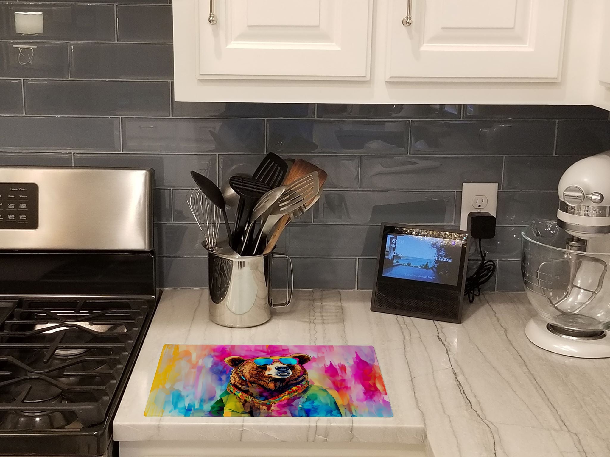 Hippie Animal Grizzly Bear Cutting Board Tempered Glass Kitchen Cutting Surface, Heat Resistant Chopping, Non-Slip Feet, Food Prep & Serving