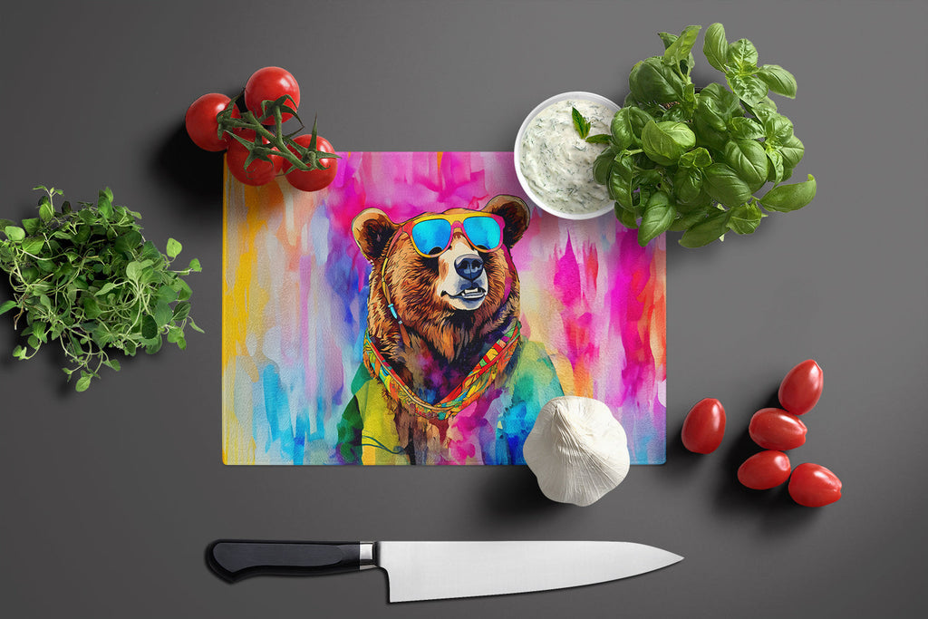 Hippie Animal Grizzly Bear Cutting Board Tempered Glass Kitchen Cutting Surface, Heat Resistant Chopping, Non-Slip Feet, Food Prep & Serving