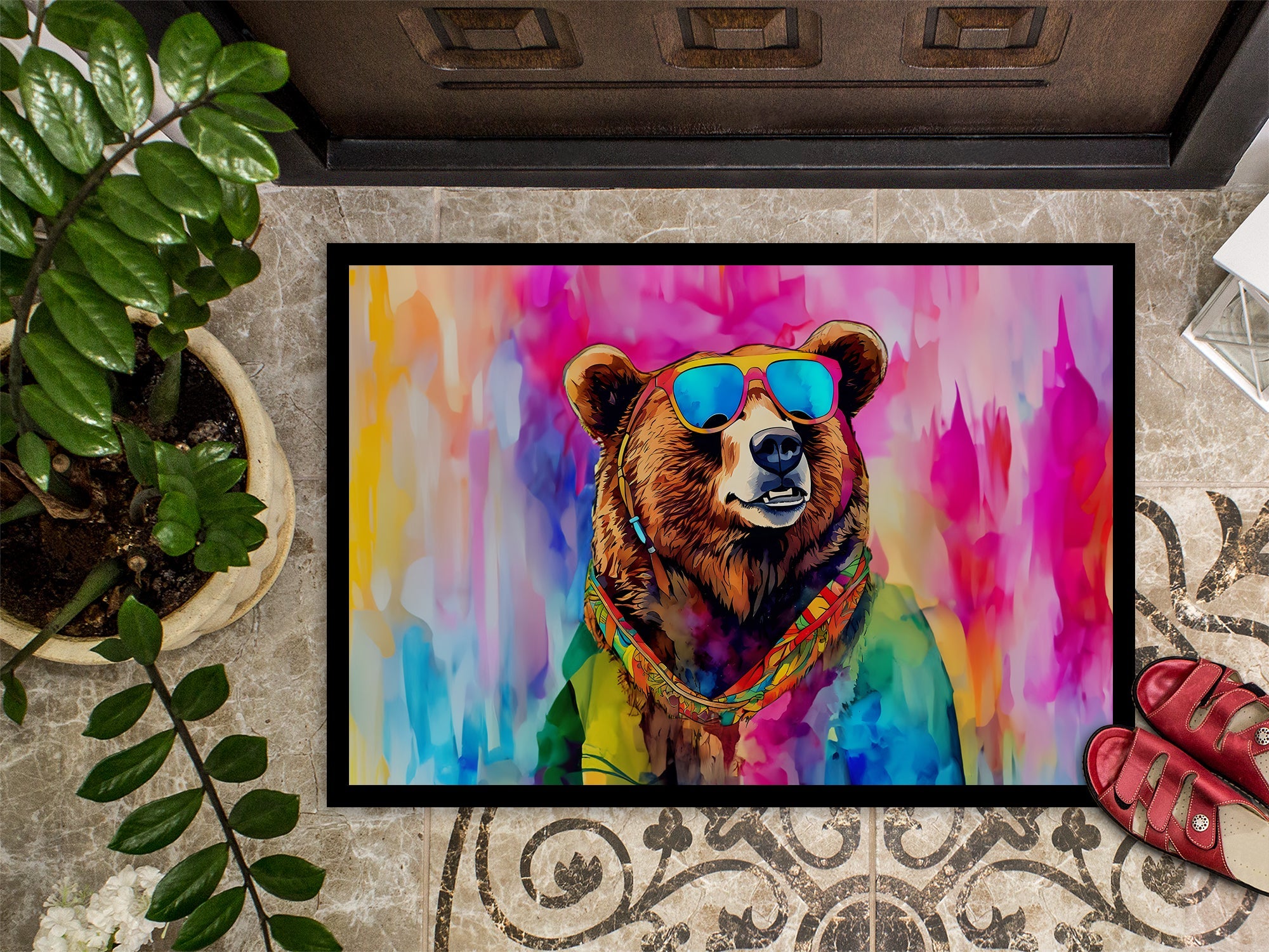 Hippie Animal Grizzly Bear Doormat Indoor Outdoor 18H X 27W Front Door Mat Rugs for Entryway, Non Slip Washable