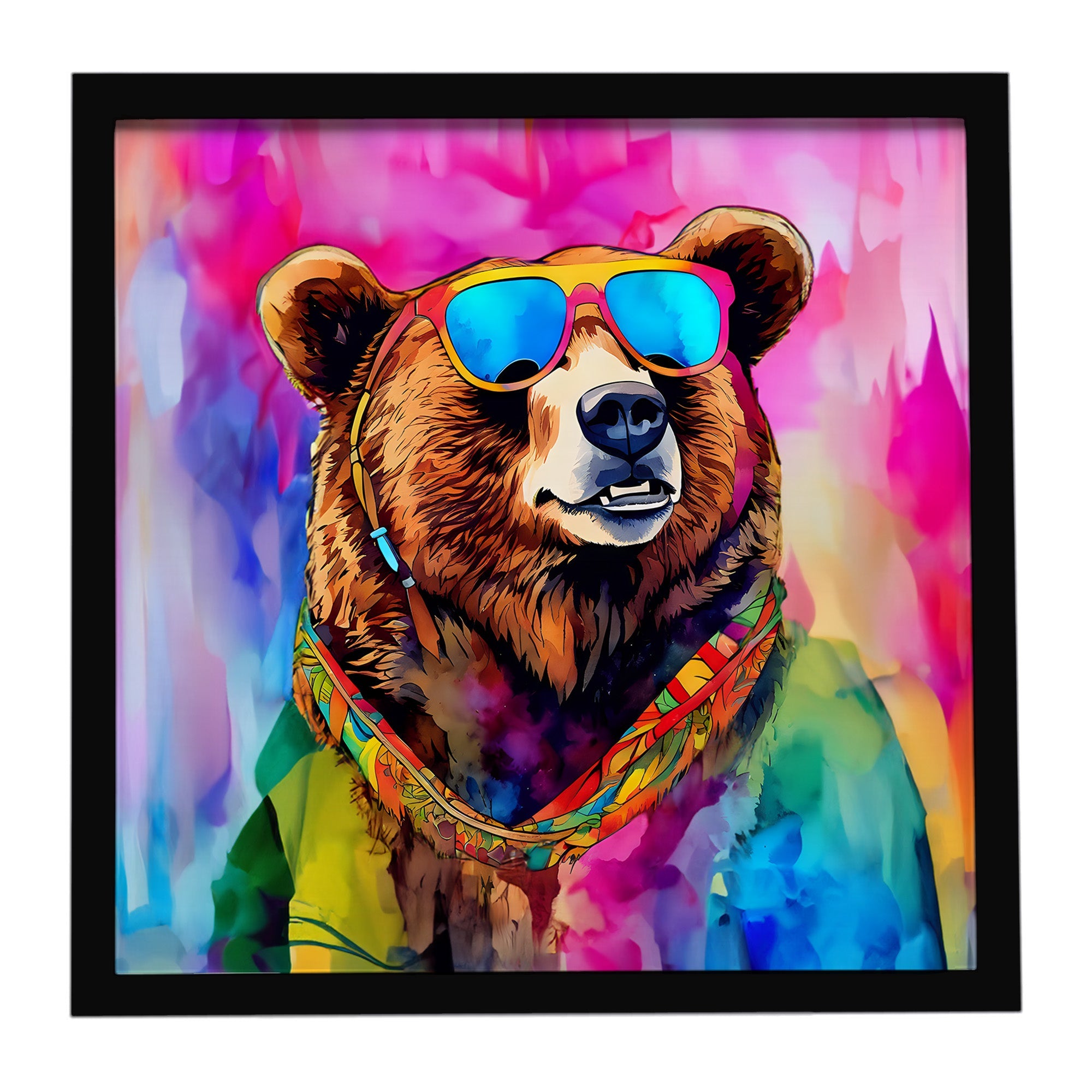 Hippie Animal Grizzly Bear Framed Metal Print Bathroom, Kitchen, Office, Home Decor Wall Art Ready to Hang, Square, 8X8