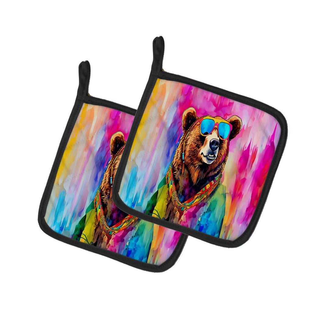 Hippie Animal Grizzly Bear Pot Holder Set of 2 Heat Resistant Quilted Hot Pads 7.5 x 7.5 Inch, Insulated Kitchen Trivets for Cooking & Baking
