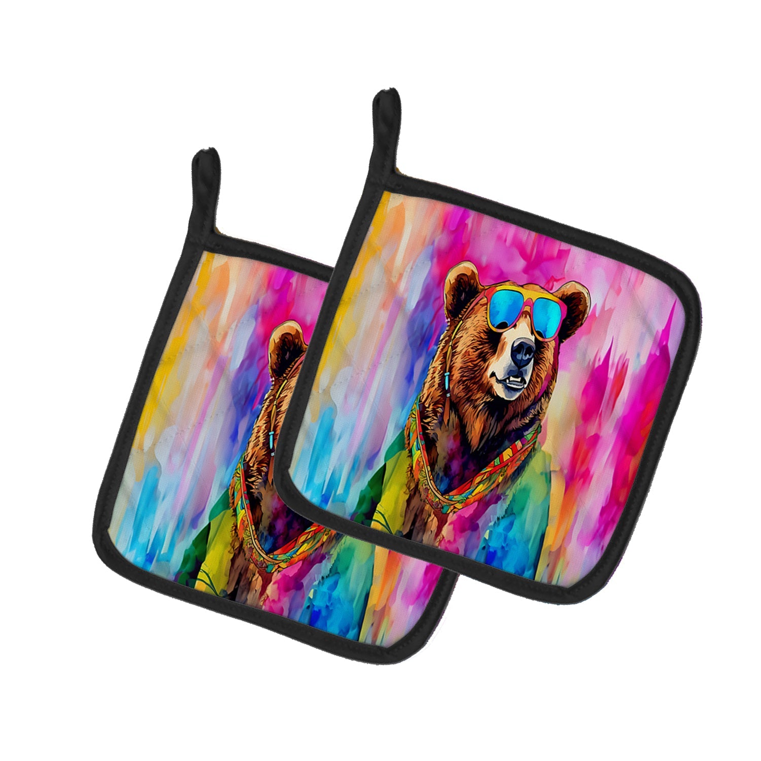 Hippie Animal Grizzly Bear Pot Holder Set of 2 Heat Resistant Quilted Hot Pads 7.5 x 7.5 Inch, Insulated Kitchen Trivets for Cooking & Baking