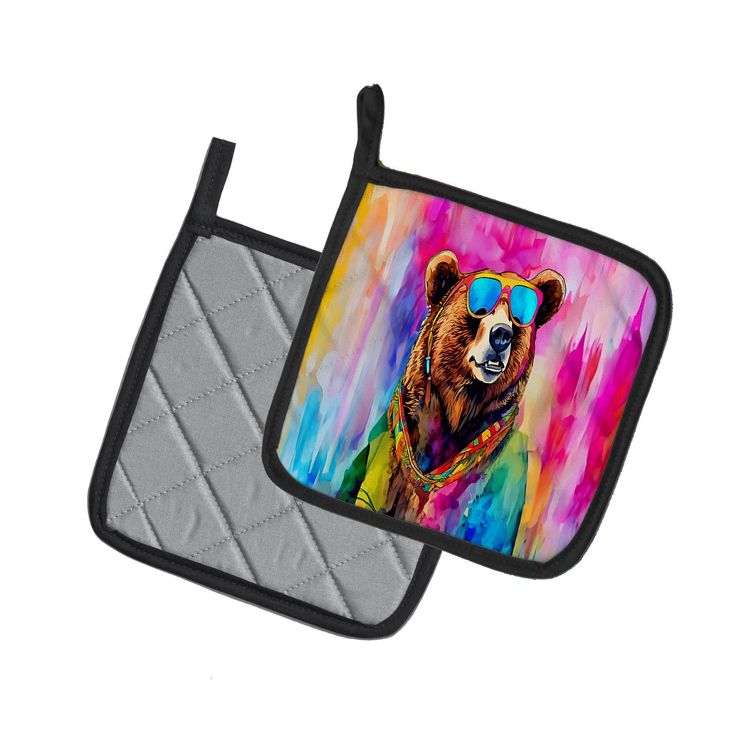 Hippie Animal Grizzly Bear Pot Holder Set of 2 Heat Resistant Quilted Hot Pads 7.5 x 7.5 Inch, Insulated Kitchen Trivets for Cooking & Baking