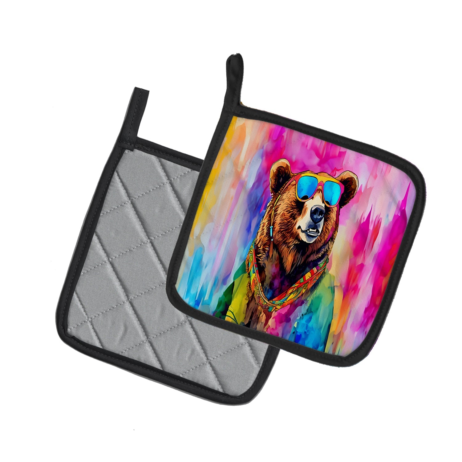 Hippie Animal Grizzly Bear Pot Holder Set of 2 Heat Resistant Quilted Hot Pads 7.5 x 7.5 Inch, Insulated Kitchen Trivets for Cooking & Baking