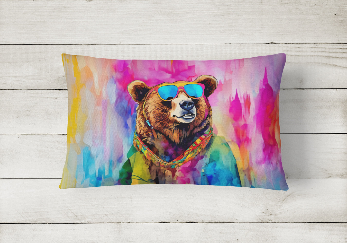 Hippie Animal Grizzly Bear Decorative Throw Pillow 12x16 Indoor Outdoor Accent Cushion, Fabric Cover with Insert for Sofa, Bed, Porch & Living Room