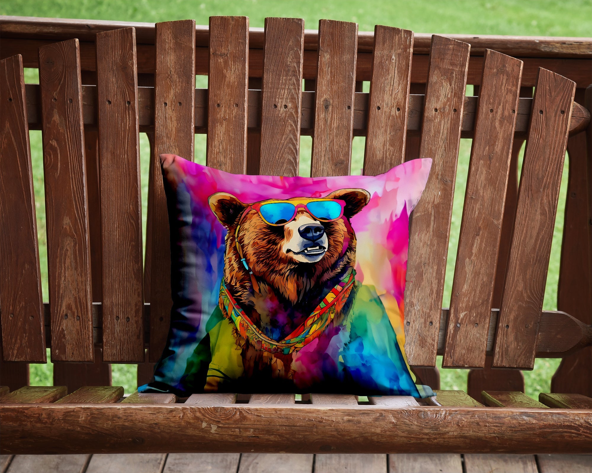 Hippie Animal Grizzly Bear Decorative Throw Pillow 14x14 Indoor Outdoor Accent Cushion, Fabric Cover with Insert for Sofa, Bed, Porch & Living Room