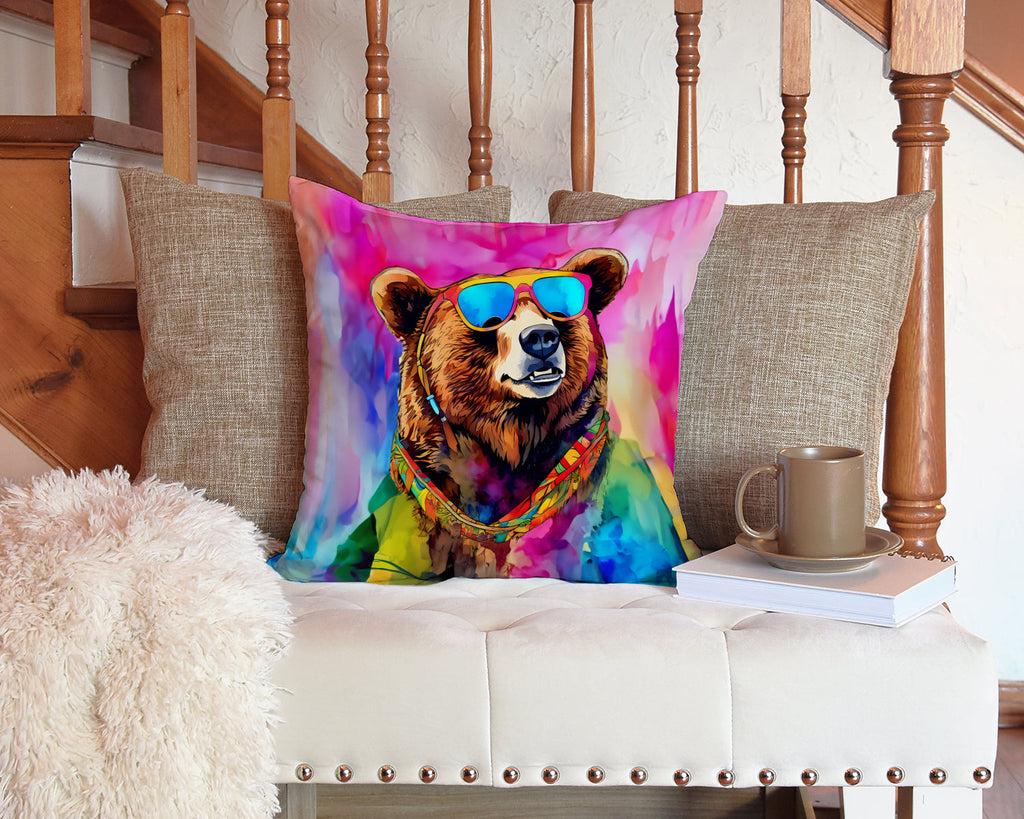 Hippie Animal Grizzly Bear Decorative Throw Pillow 14x14 Indoor Outdoor Accent Cushion, Fabric Cover with Insert for Sofa, Bed, Porch & Living Room