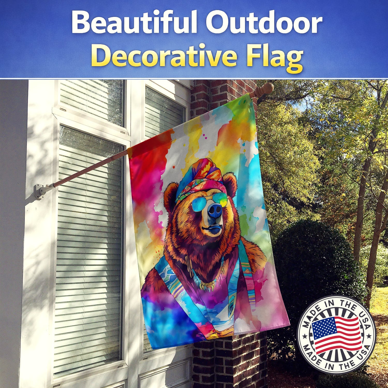 Hippie Animal Grizzly Bear House Flag 28x40 Porch Sleeve Pole Decorative Outside Yard Banner Artwork Wall Hanging, Polyester