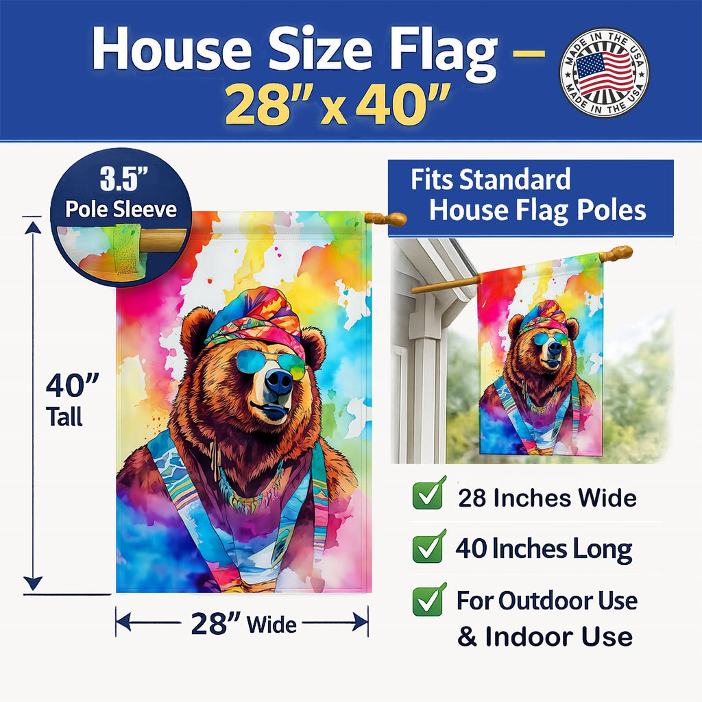 Hippie Animal Grizzly Bear House Flag 28x40 Porch Sleeve Pole Decorative Outside Yard Banner Artwork Wall Hanging, Polyester
