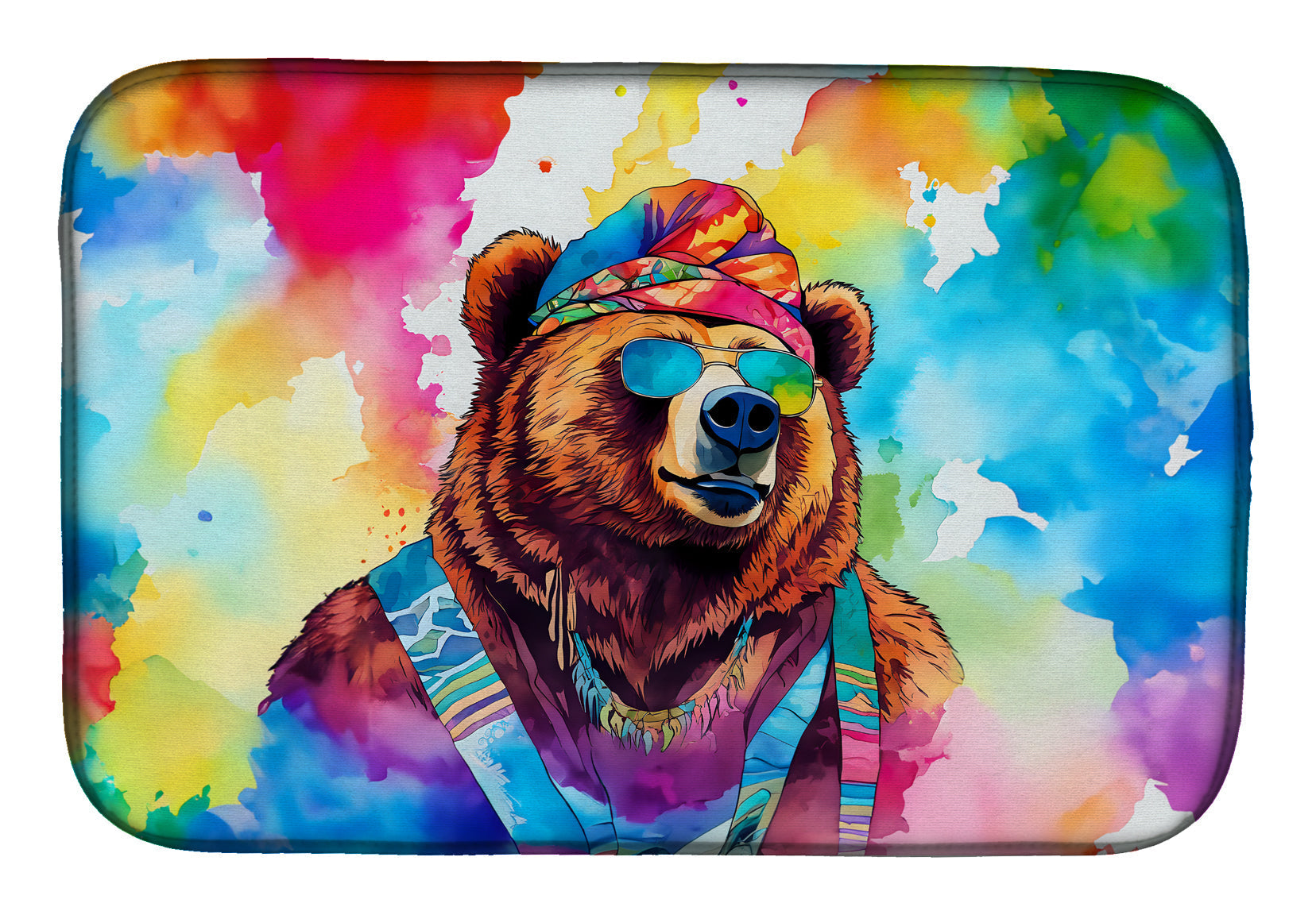 Hippie Animal Grizzly Bear Dish Drying Mat Absorbent Dish Drying Mat Pad for Kitchen Counter Dish Drainer Mat for Countertop, 14 x 21", Multicolor