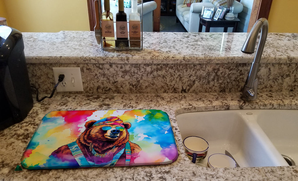 Hippie Animal Grizzly Bear Dish Drying Mat Absorbent Dish Drying Mat Pad for Kitchen Counter Dish Drainer Mat for Countertop, 14 x 21", Multicolor