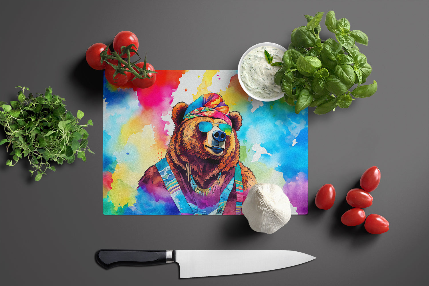 Hippie Animal Grizzly Bear Cutting Board Tempered Glass Kitchen Cutting Surface, Heat Resistant Chopping, Non-Slip Feet, Food Prep & Serving