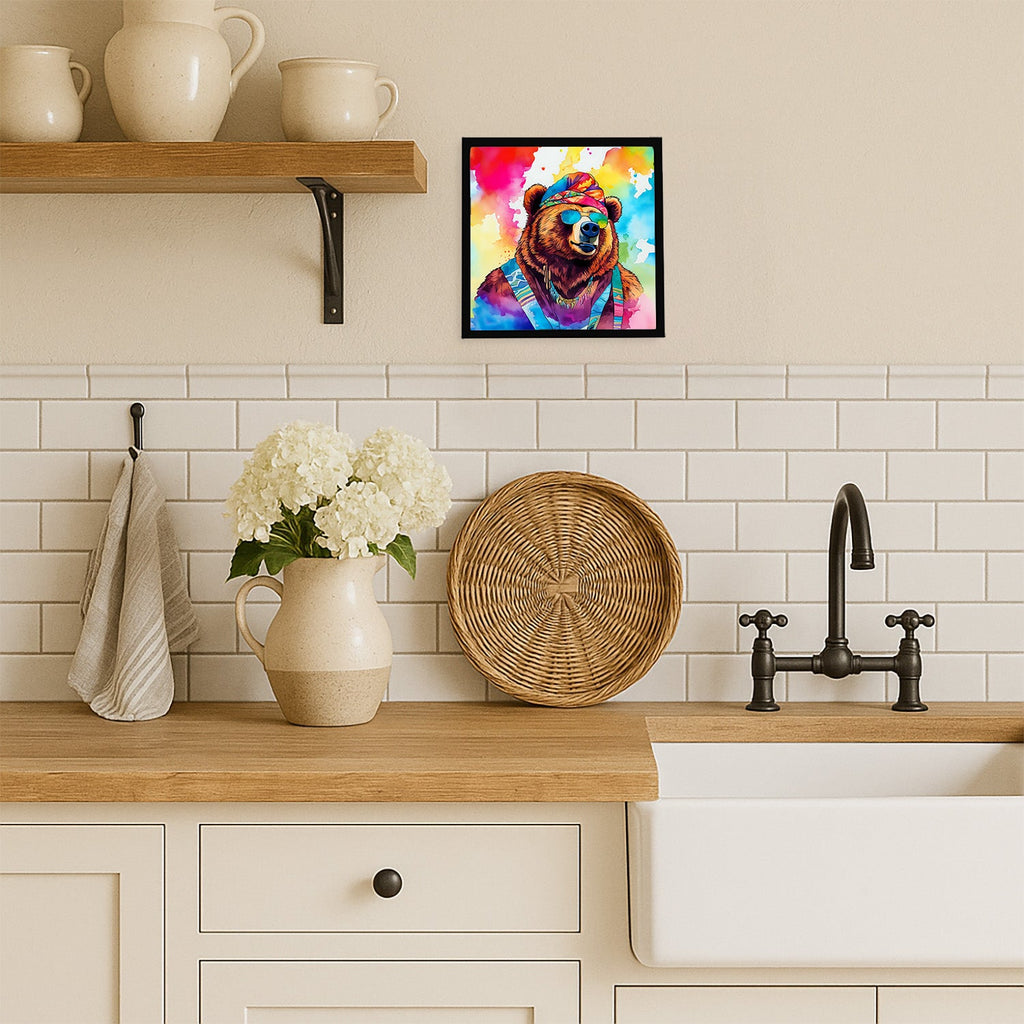 Hippie Animal Grizzly Bear Framed Metal Print Bathroom, Kitchen, Office, Home Decor Wall Art Ready to Hang, Square, 8X8