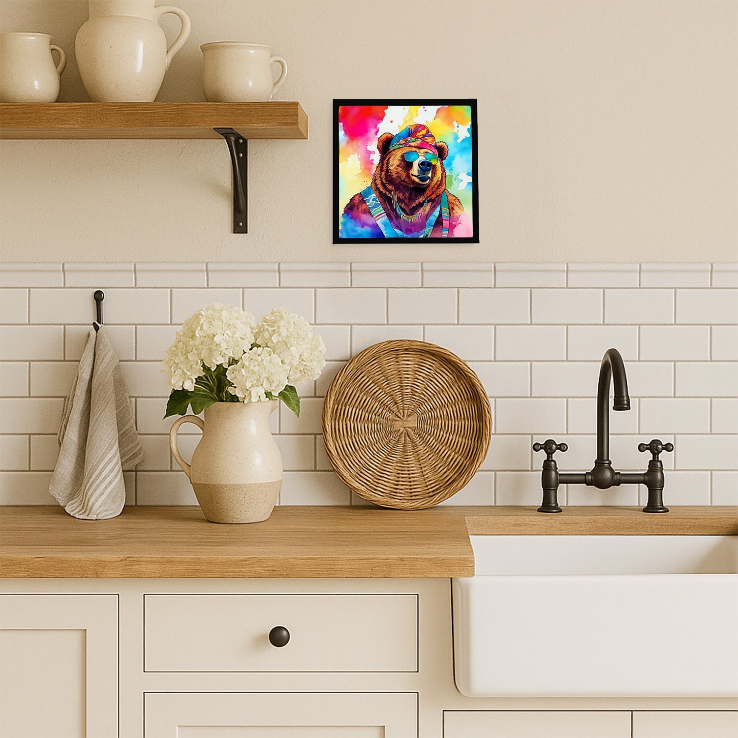 Hippie Animal Grizzly Bear Framed Metal Print Bathroom, Kitchen, Office, Home Decor Wall Art Ready to Hang, Square, 8X8