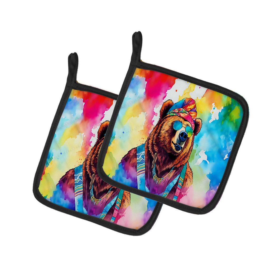 Hippie Animal Grizzly Bear Pot Holder Set of 2 Heat Resistant Quilted Hot Pads 7.5 x 7.5 Inch, Insulated Kitchen Trivets for Cooking & Baking