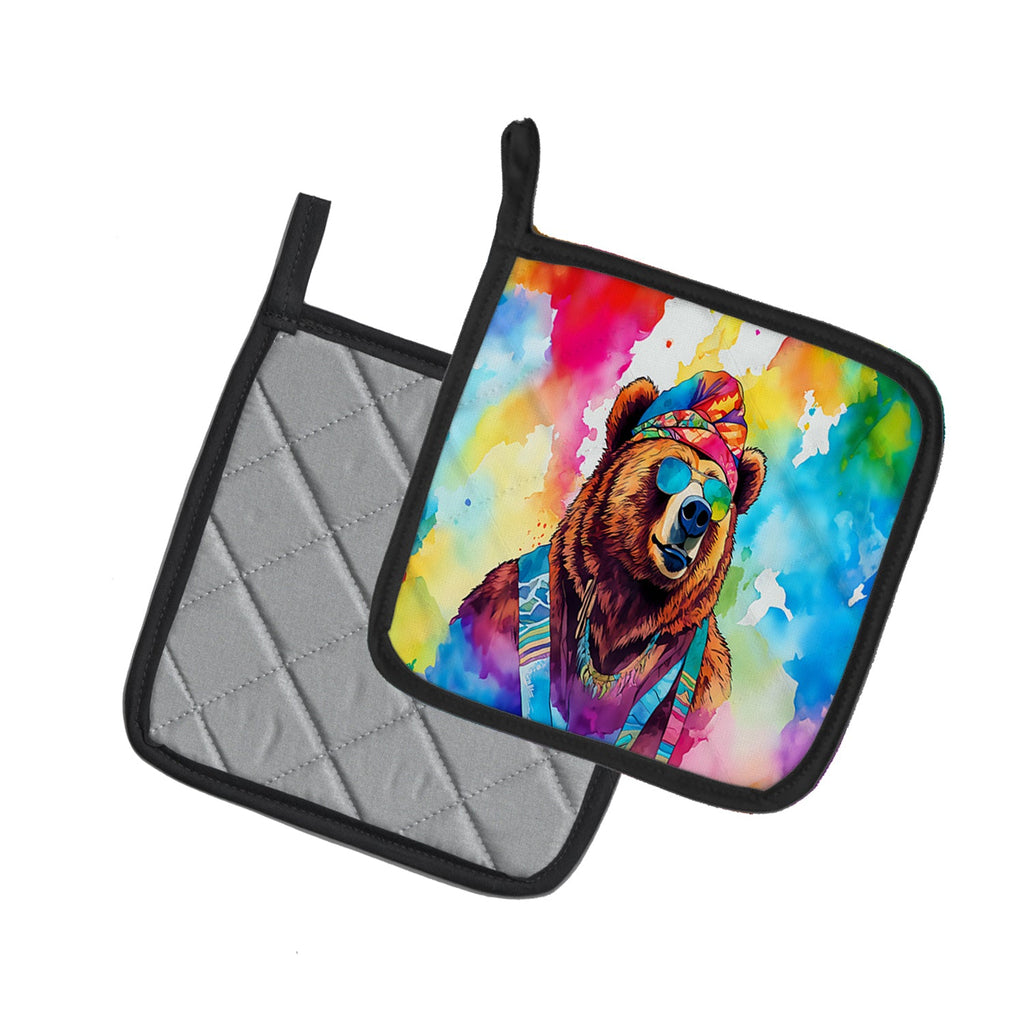 Hippie Animal Grizzly Bear Pot Holder Set of 2 Heat Resistant Quilted Hot Pads 7.5 x 7.5 Inch, Insulated Kitchen Trivets for Cooking & Baking