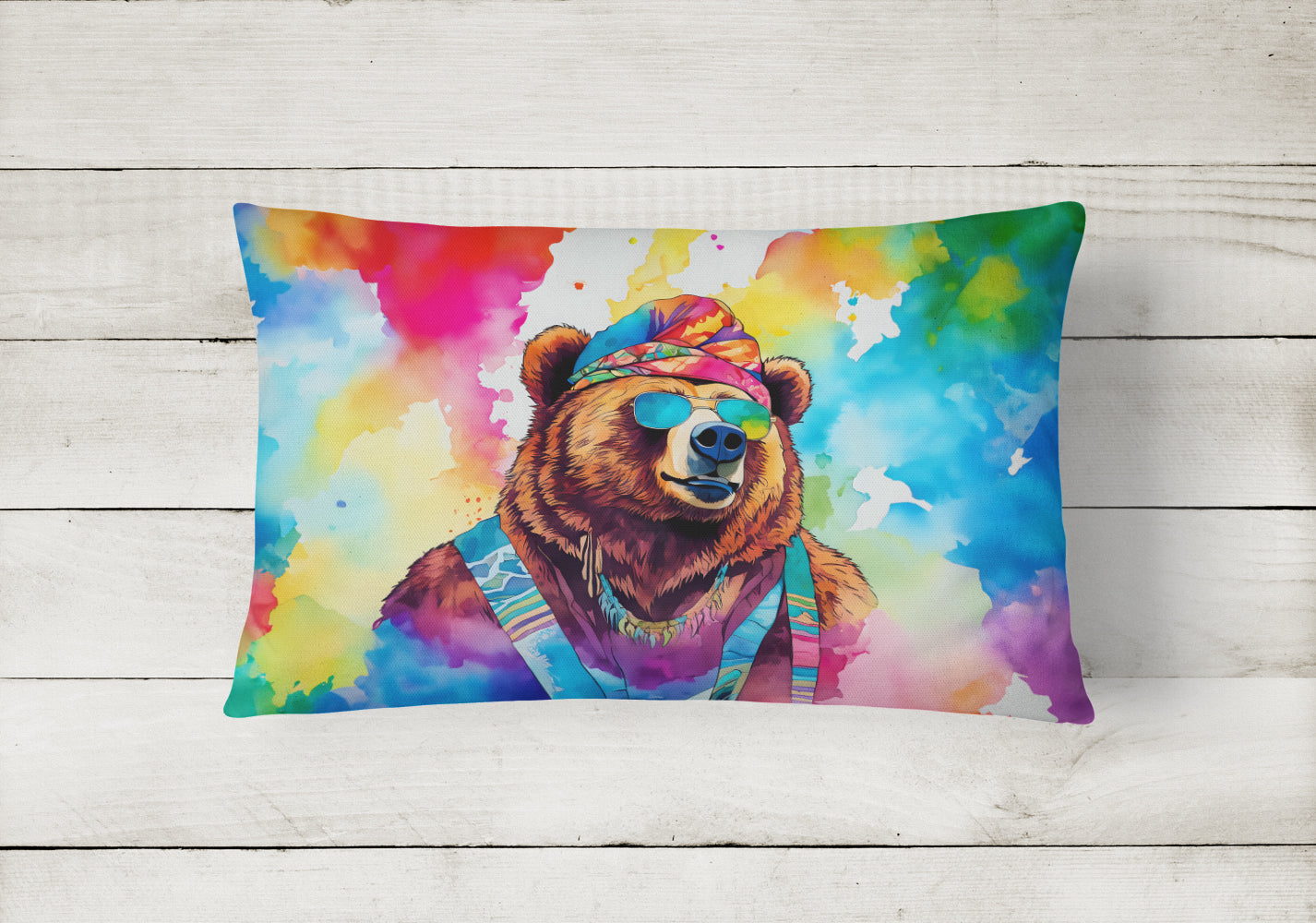 Hippie Animal Grizzly Bear Decorative Throw Pillow 12x16 Indoor Outdoor Accent Cushion, Fabric Cover with Insert for Sofa, Bed, Porch & Living Room