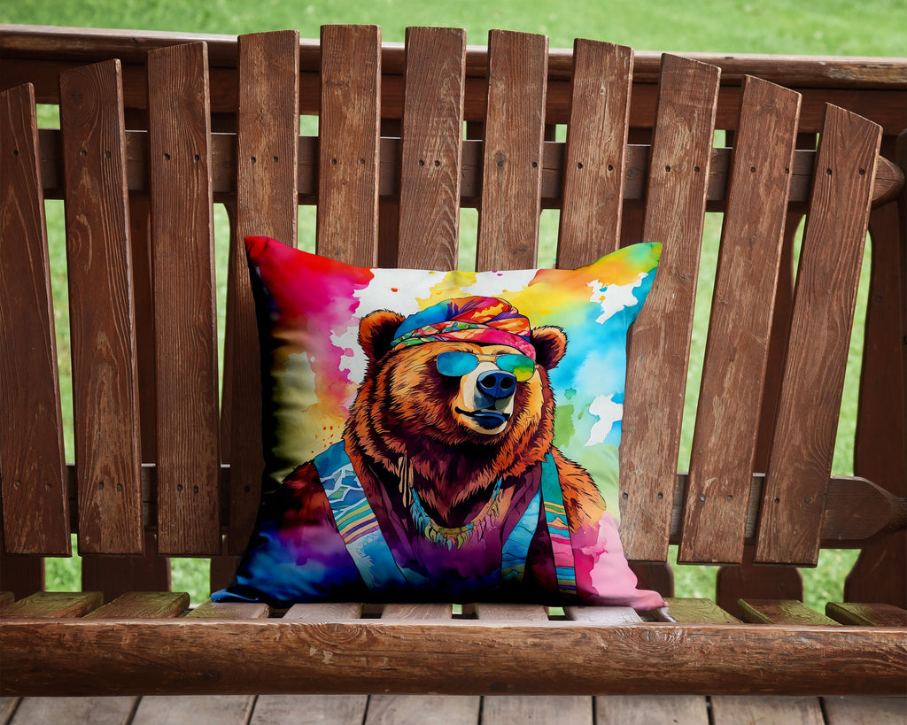 Hippie Animal Grizzly Bear Decorative Throw Pillow 14x14 Indoor Outdoor Accent Cushion, Fabric Cover with Insert for Sofa, Bed, Porch & Living Room