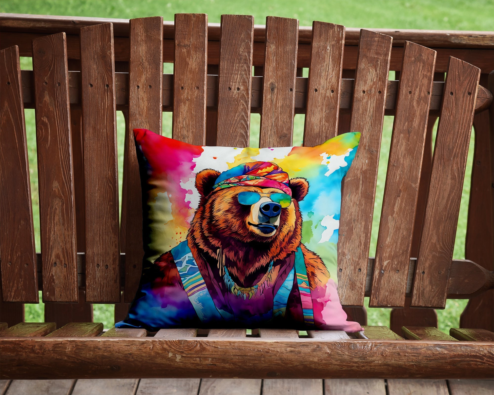 Hippie Animal Grizzly Bear Decorative Throw Pillow 14x14 Indoor Outdoor Accent Cushion, Fabric Cover with Insert for Sofa, Bed, Porch & Living Room